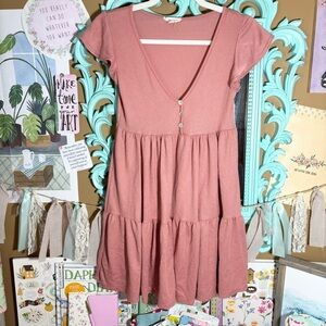 See You Monday Pink Babydoll V-Neck Tiered Ribbed Dress Sz.S Feminine Romantic